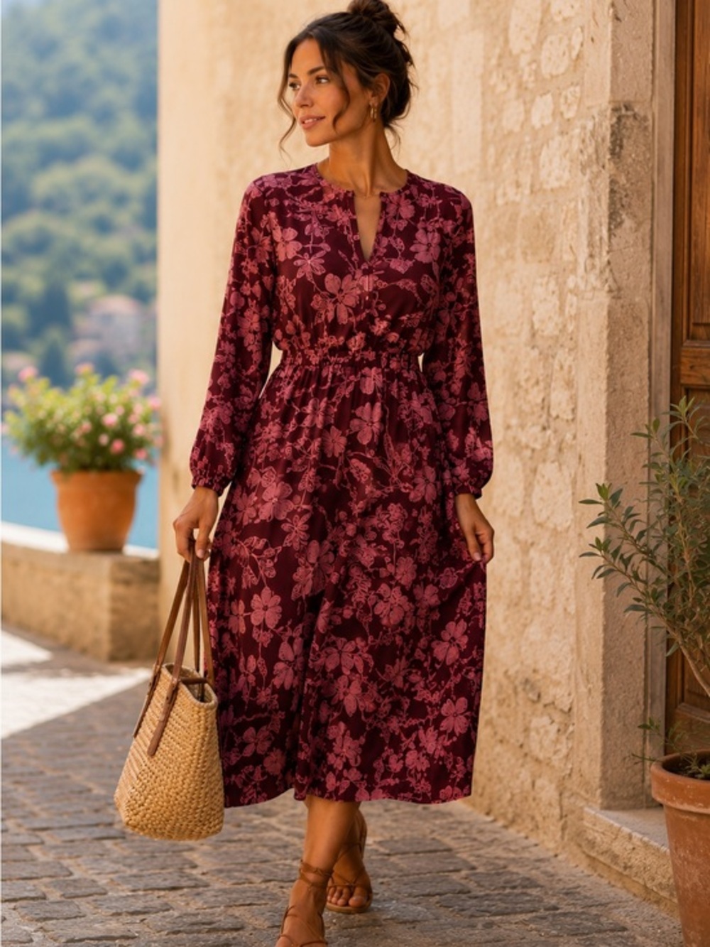 Long Sleeve Burgundy Floral Maxi Dress with Pink Print